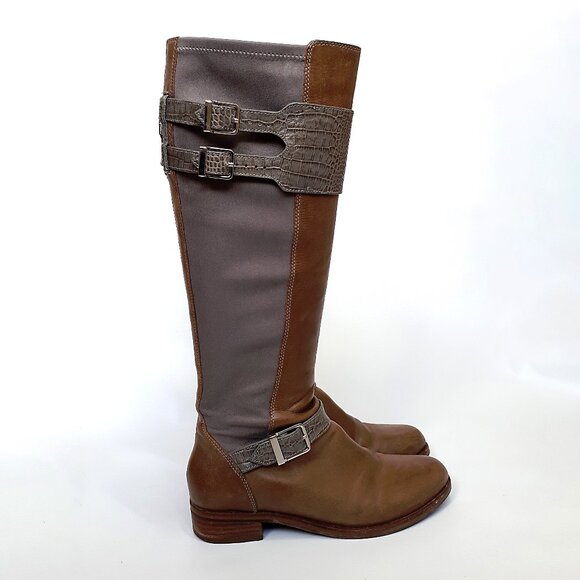 COLE & HAAN Tennley Knee High Buckle Boot in Ironstone Brown & Gray Leather - Picture 3 of 14